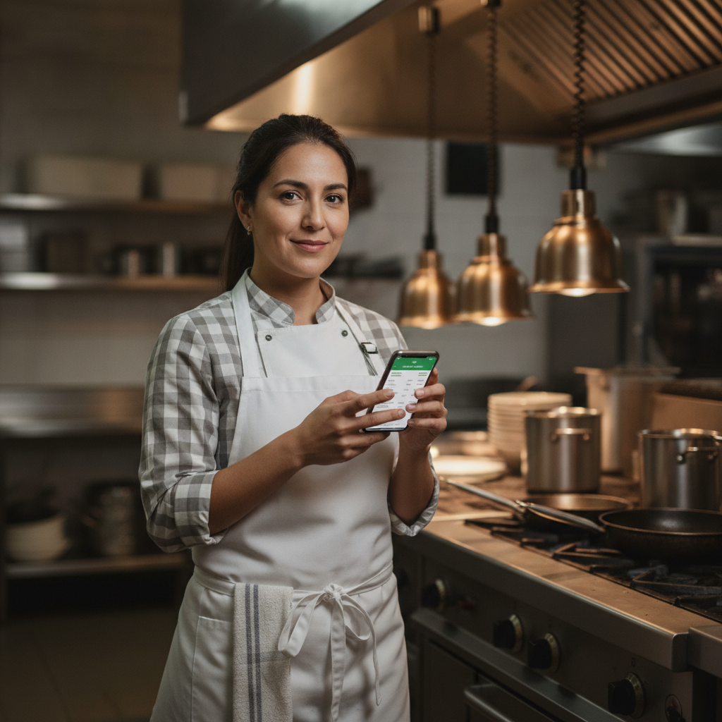 Confident catering operator using CaterCalc Pro on her phone