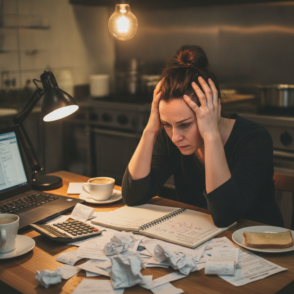 Stressed catering operator calculating prices late at night